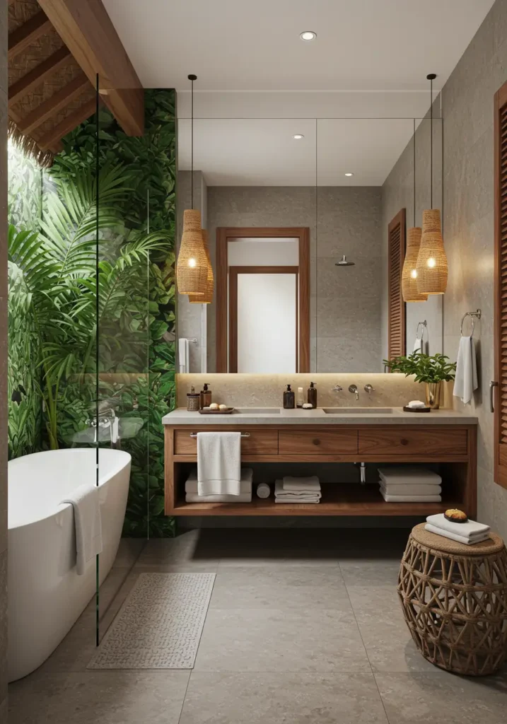 Inspired by high-end tropical resorts, this design brings vacation-like luxury to everyday life with natural materials, lush textures, and a connection to nature.