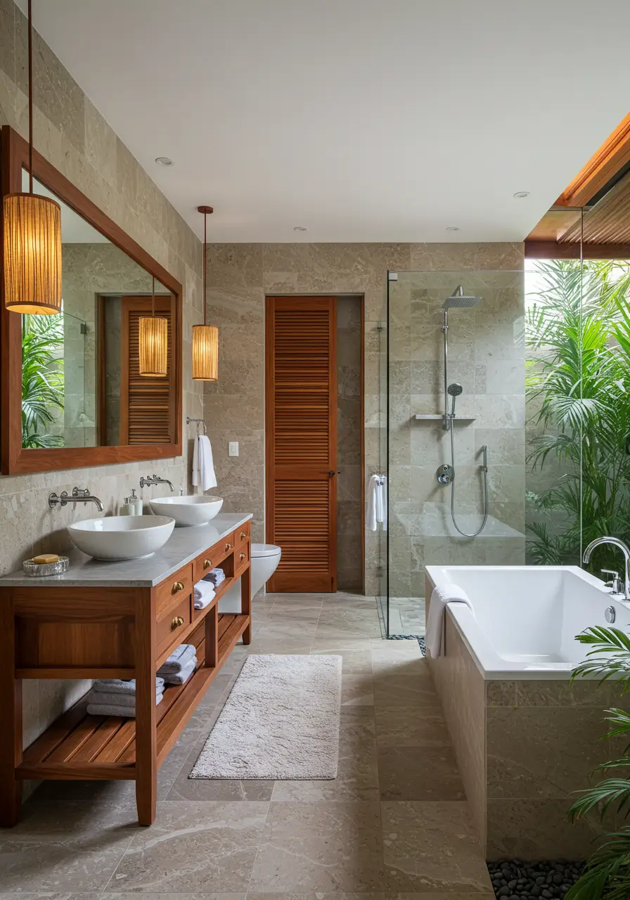 Recreating the luxury of tropical resort spas, this design incorporates natural materials, lush greenery, and open-air feeling to create an everyday vacation experience.