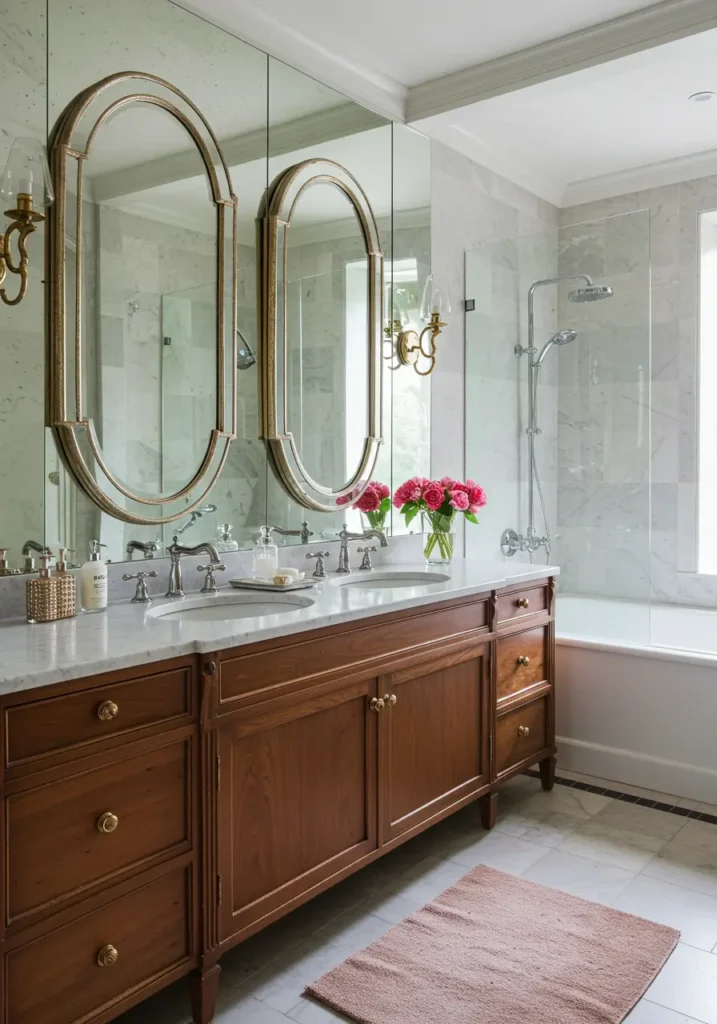 This glamorous concept recreates the sophistication of 1940s Hollywood with dramatic mirrors, luxurious materials, and perfect lighting. Ideal for homeowners who want to feel like movie stars in their daily routine, combining vintage glamour with modern convenience.
