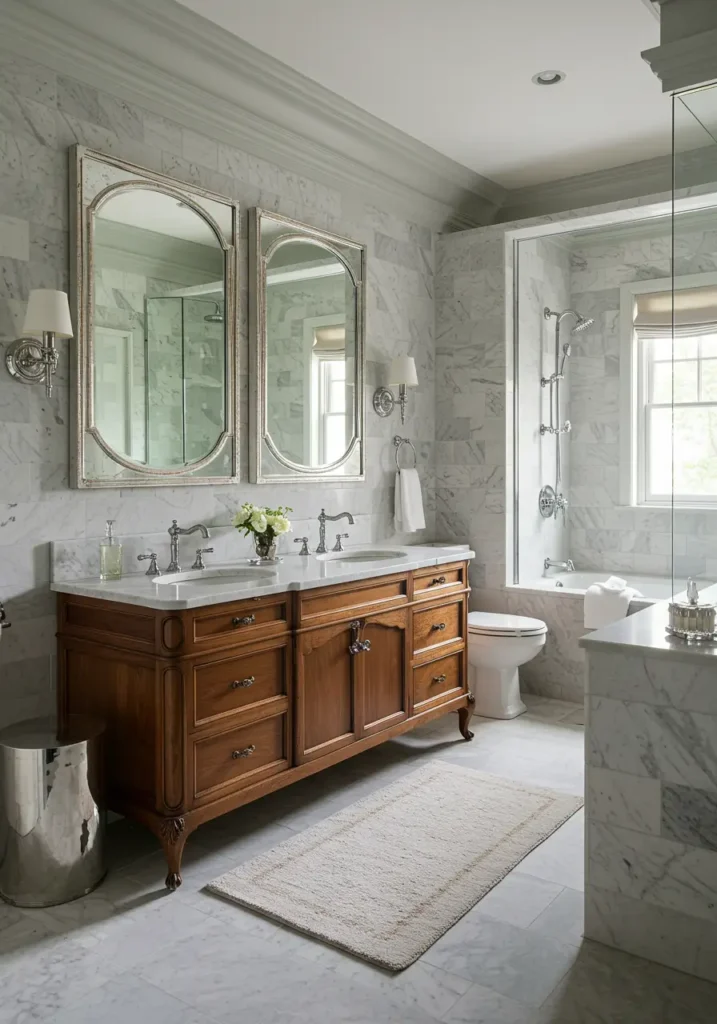 Channeling old Hollywood glamour with modern luxury, this design creates a space worthy of a movie star. Perfect for homeowners who appreciate drama, elegance, and want their bathroom to feel like a luxurious hotel suite from the golden age of cinema.
