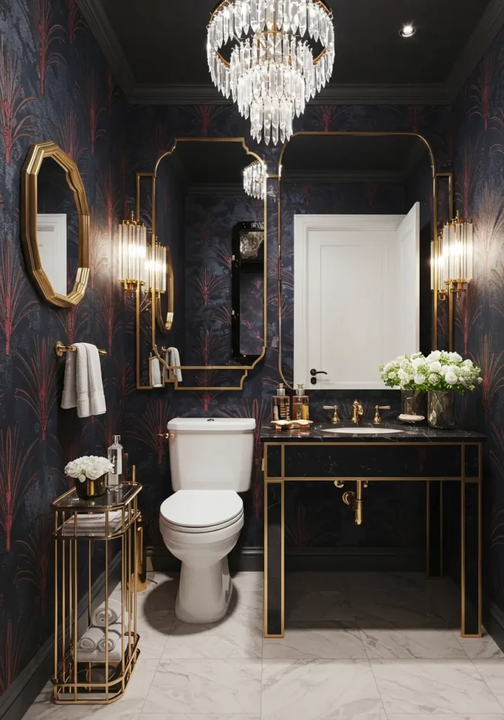 Drawing inspiration from the roaring twenties' luxury hotels and speakeasies, this powder room embodies sophisticated drama through geometric patterns and rich metallics. The space celebrates the glamour of Art Deco design while incorporating modern functionality for today's discerning homeowner.