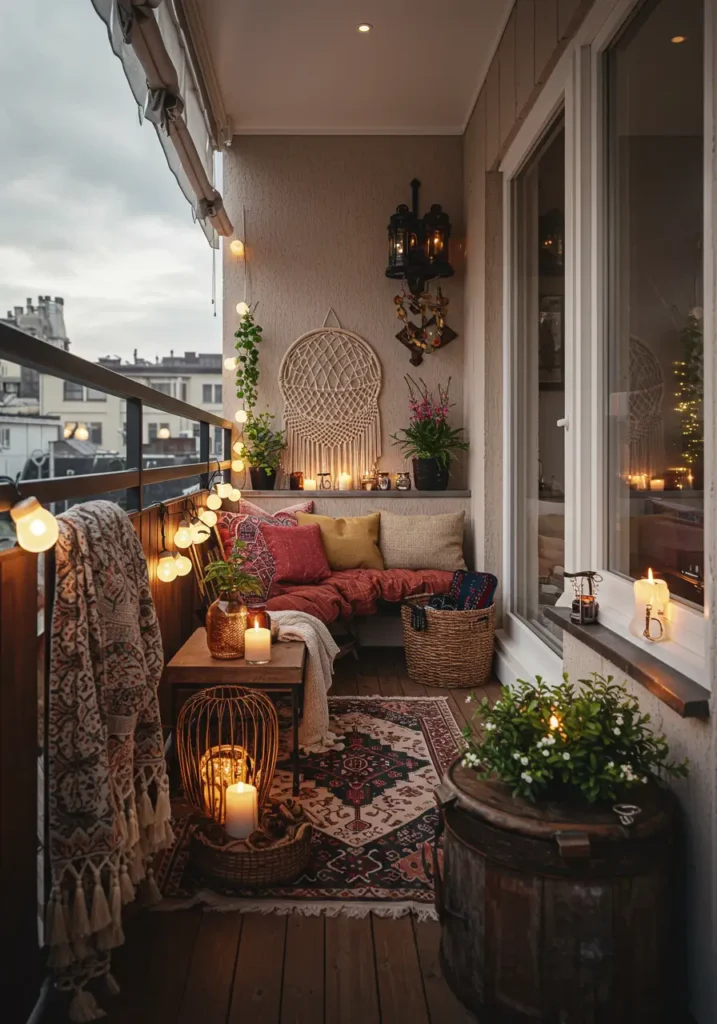 Transform your compact balcony into a mesmerizing bohemian sanctuary where global influences meet modern comfort. This design celebrates the free-spirited essence of boho style while maximizing every square inch of your outdoor space.