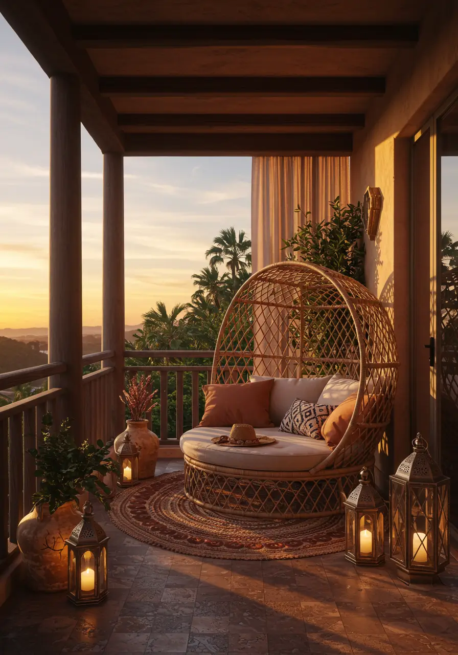 Drawing from global travels and sunset meditation practices, this bohemian retreat transforms any balcony into a worldly escape where golden hour stretches into evening magic.