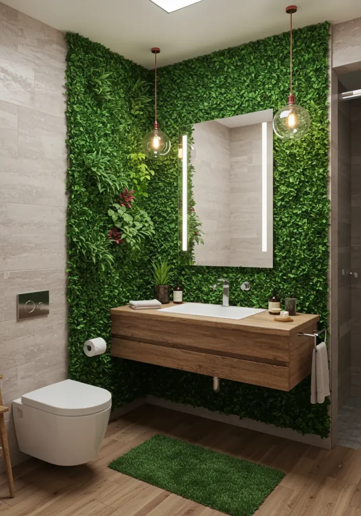 This concept transforms a cramped half bath into a lush, spa-like retreat by creating a dramatic living wall using affordable artificial greenery and creative mounting solutions. The inspiration comes from urban jungle aesthetics, bringing nature indoors to create a refreshing escape.