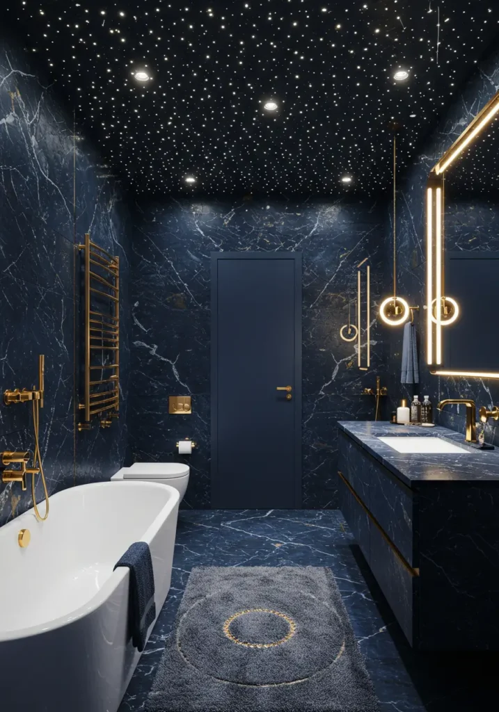 Drawing from the mystique of midnight skies and luxury spa retreats, this bathroom transforms daily routines into otherworldly experiences. The concept merges cosmic wonder with earthly comfort, creating a space where guests feel transported to a private observatory.