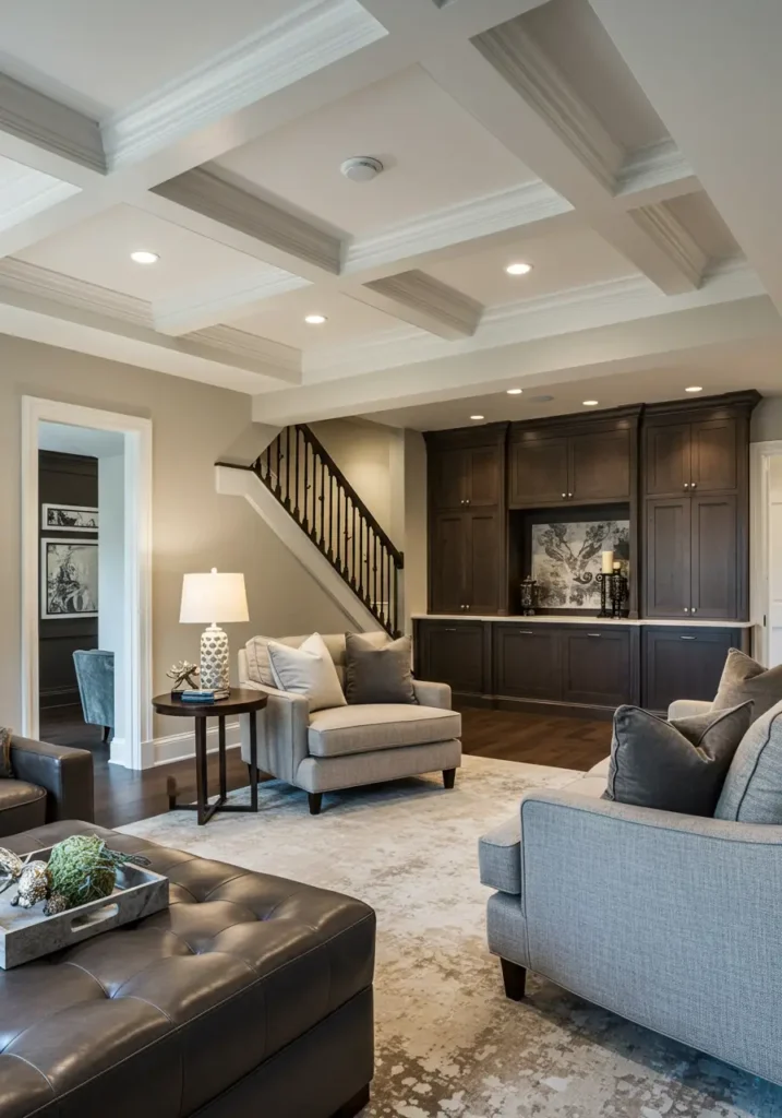 This concept recreates the timeless elegance of traditional coffered ceilings using affordable materials and clever construction techniques. The result is a basement that feels like a luxury library or sophisticated den without the custom millwork price tag.