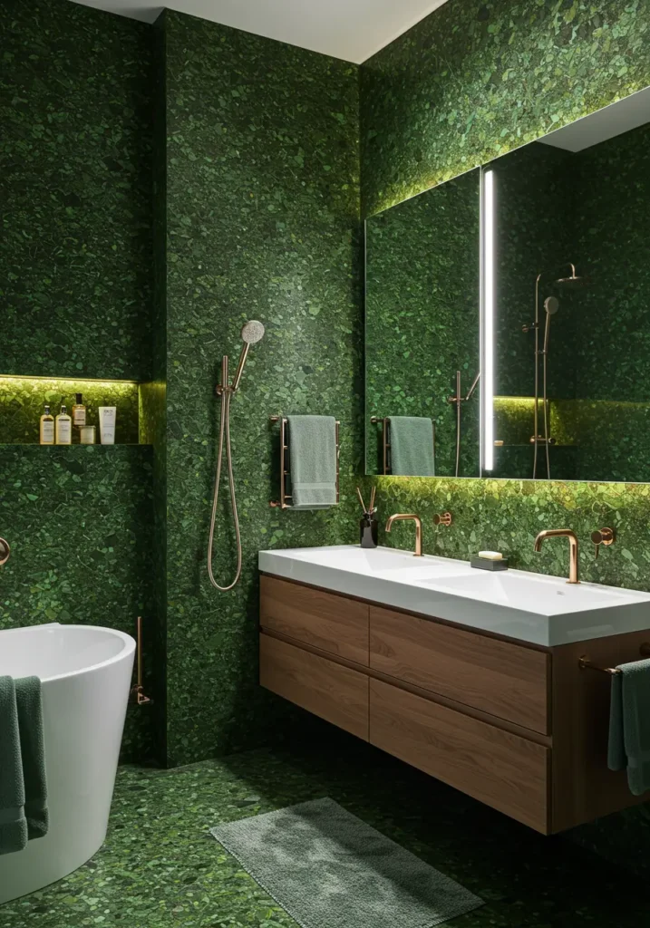 Drawing from the mystical allure of ancient forests, this bathroom transforms your daily routine into a rejuvenating retreat. The rich emerald tones evoke the depth of old-growth canopies while gold fixtures add warmth reminiscent of filtered sunlight.