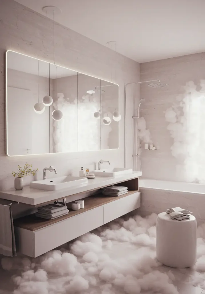 Inspired by the serene experience of floating among clouds, this design creates a weightless, spa-like atmosphere that transports users into a state of pure tranquility. The concept reimagines the bathroom as a celestial retreat where modern technology meets organic forms.