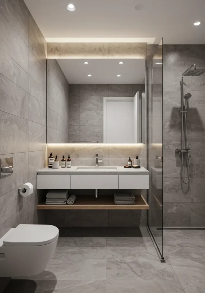 This concept draws inspiration from Japanese minimalism and Scandinavian functionality, creating an illusion of boundless space through strategic floating elements and monochromatic harmony. The design eliminates visual clutter while maintaining essential functionality.
