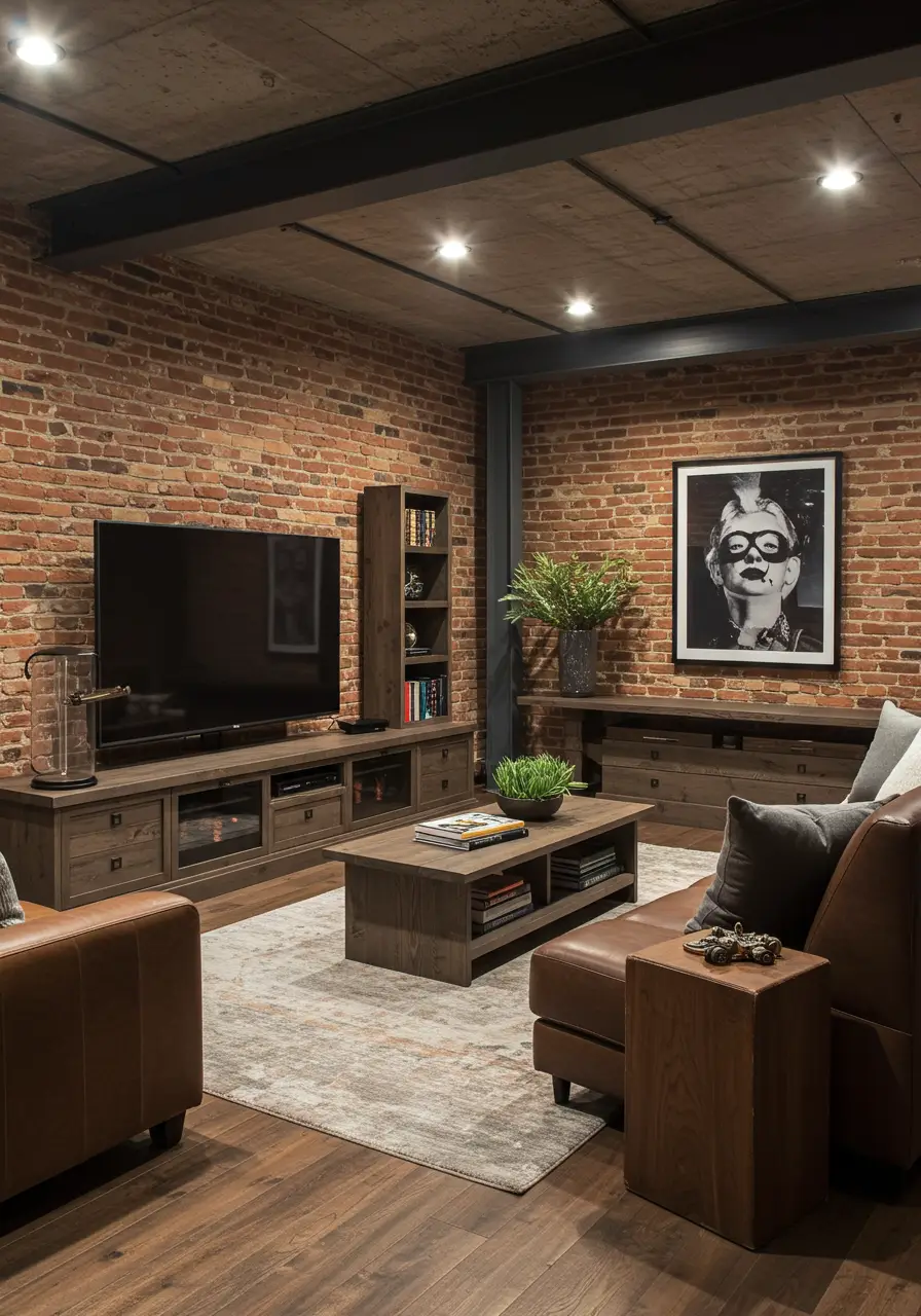 This transformation celebrates raw materials and urban aesthetics, converting a forgotten basement into a sophisticated entertainment destination. The design draws inspiration from converted warehouse lofts, emphasizing the beauty of industrial elements while maintaining supreme comfort for family gatherings and movie nights.