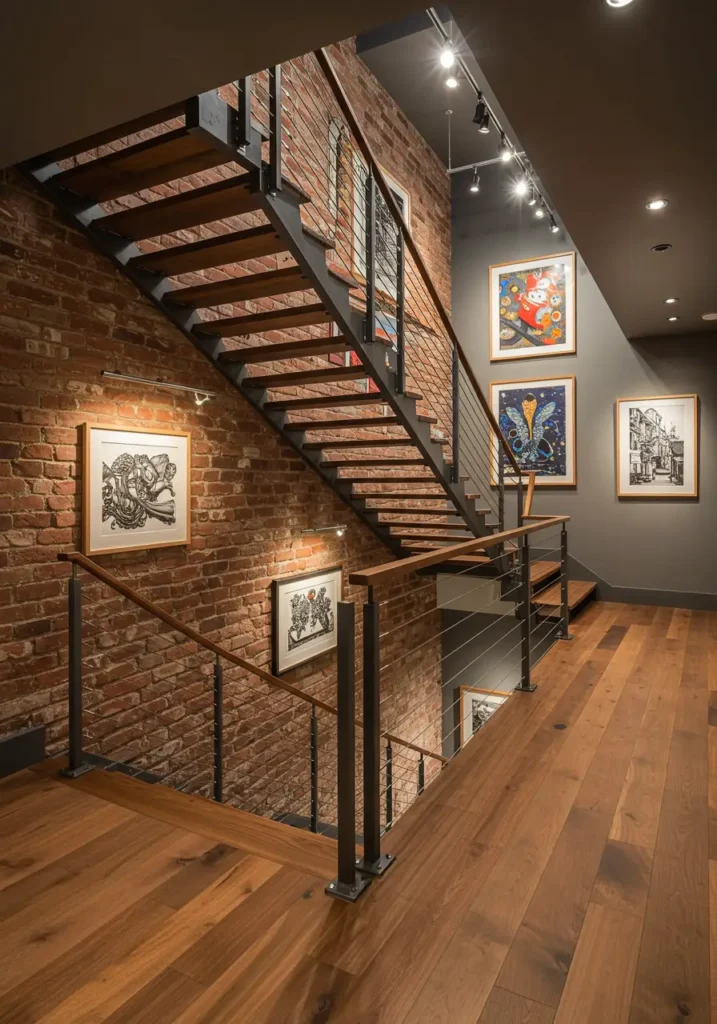 Transform your basement stairs into an industrial art gallery that celebrates raw materials and contemporary design. This concept draws from converted warehouse lofts and modern art spaces, creating a dramatic descent that feels like entering a curated exhibition space.