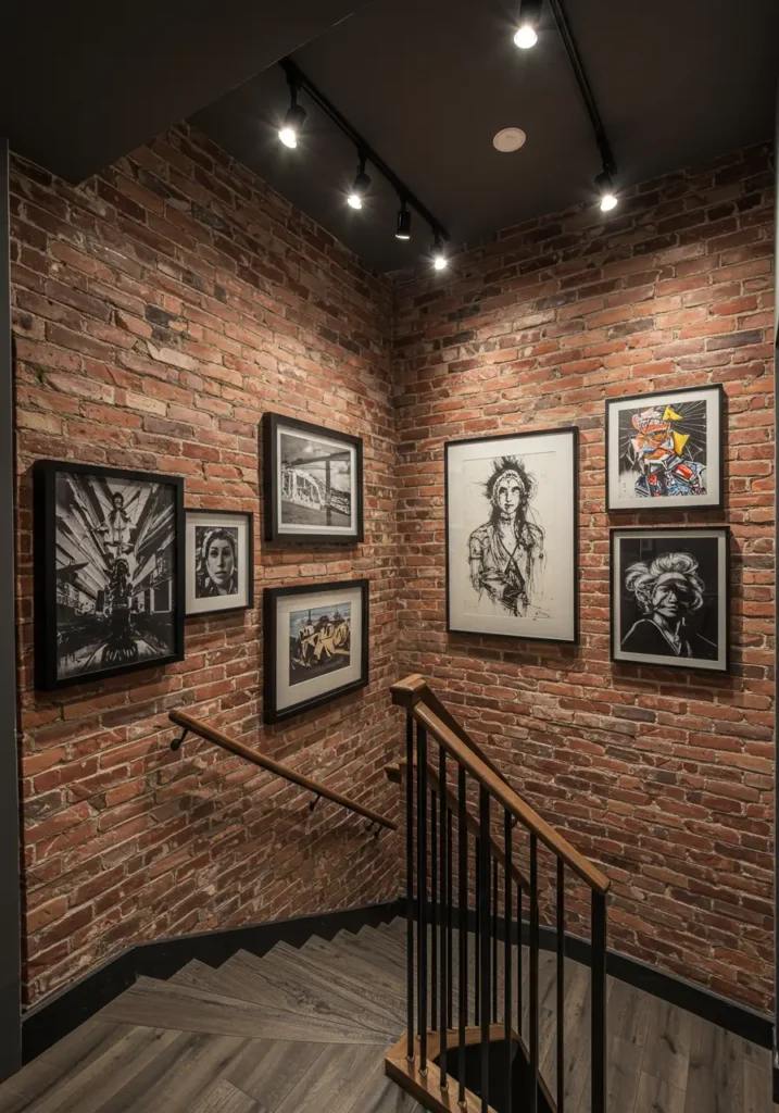 This concept transforms a basic basement stairwell into an urban gallery experience reminiscent of converted warehouse lofts. The inspiration comes from New York's industrial heritage buildings where exposed elements become design features rather than flaws to hide.