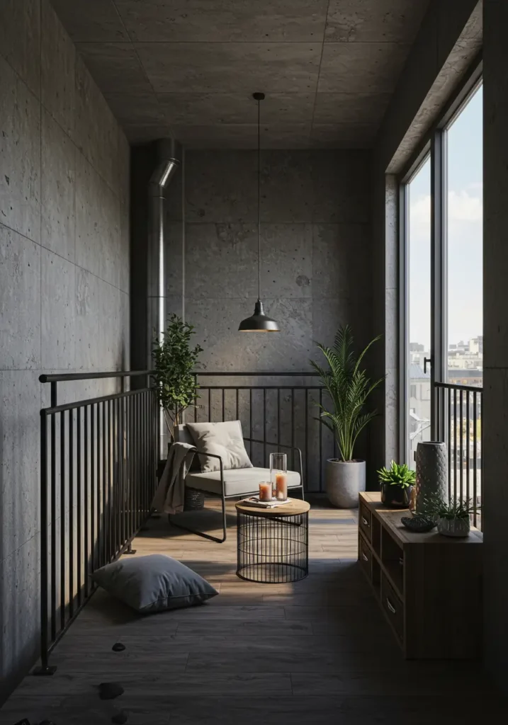 This design embraces the raw beauty of industrial architecture, transforming utilitarian elements into sophisticated outdoor living space perfect for urban dwellers.