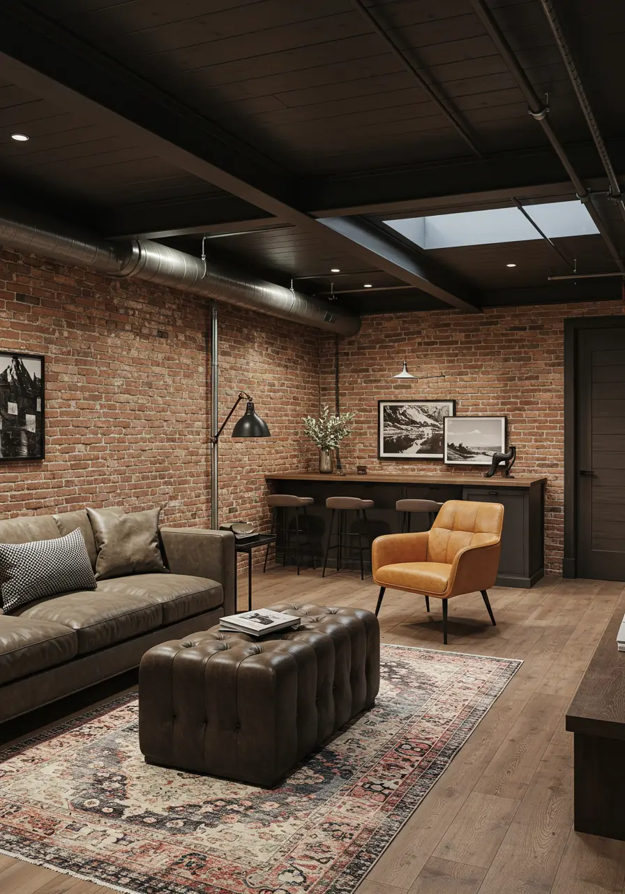 This concept transforms the basement's inherent industrial elements into sophisticated design features, celebrating exposed brick, steel beams, and concrete while adding layers of warmth through textiles and lighting.