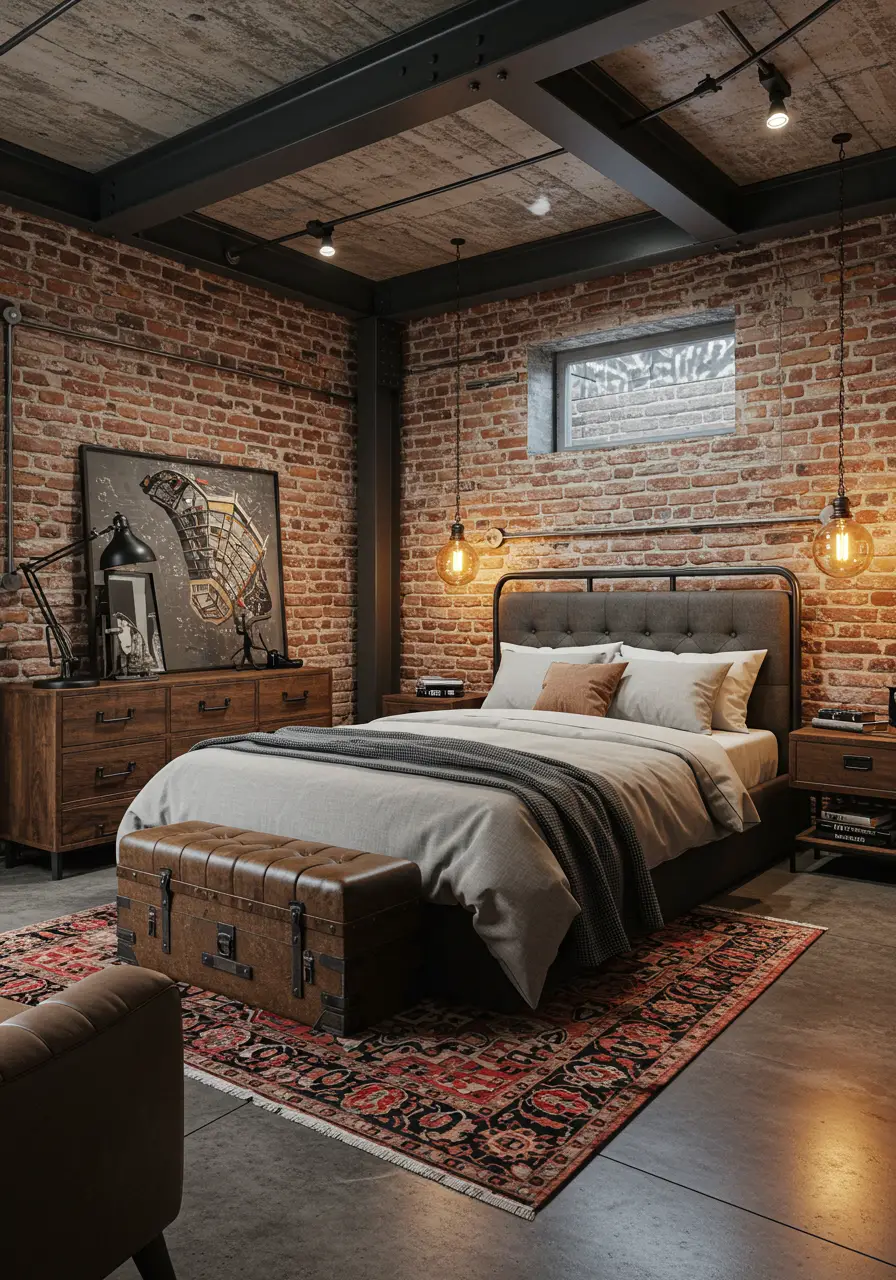 This design embraces the raw, unfinished character of basement spaces while elevating them with sophisticated industrial elements. Perfect for young professionals or creative individuals who appreciate authentic, edgy aesthetics.