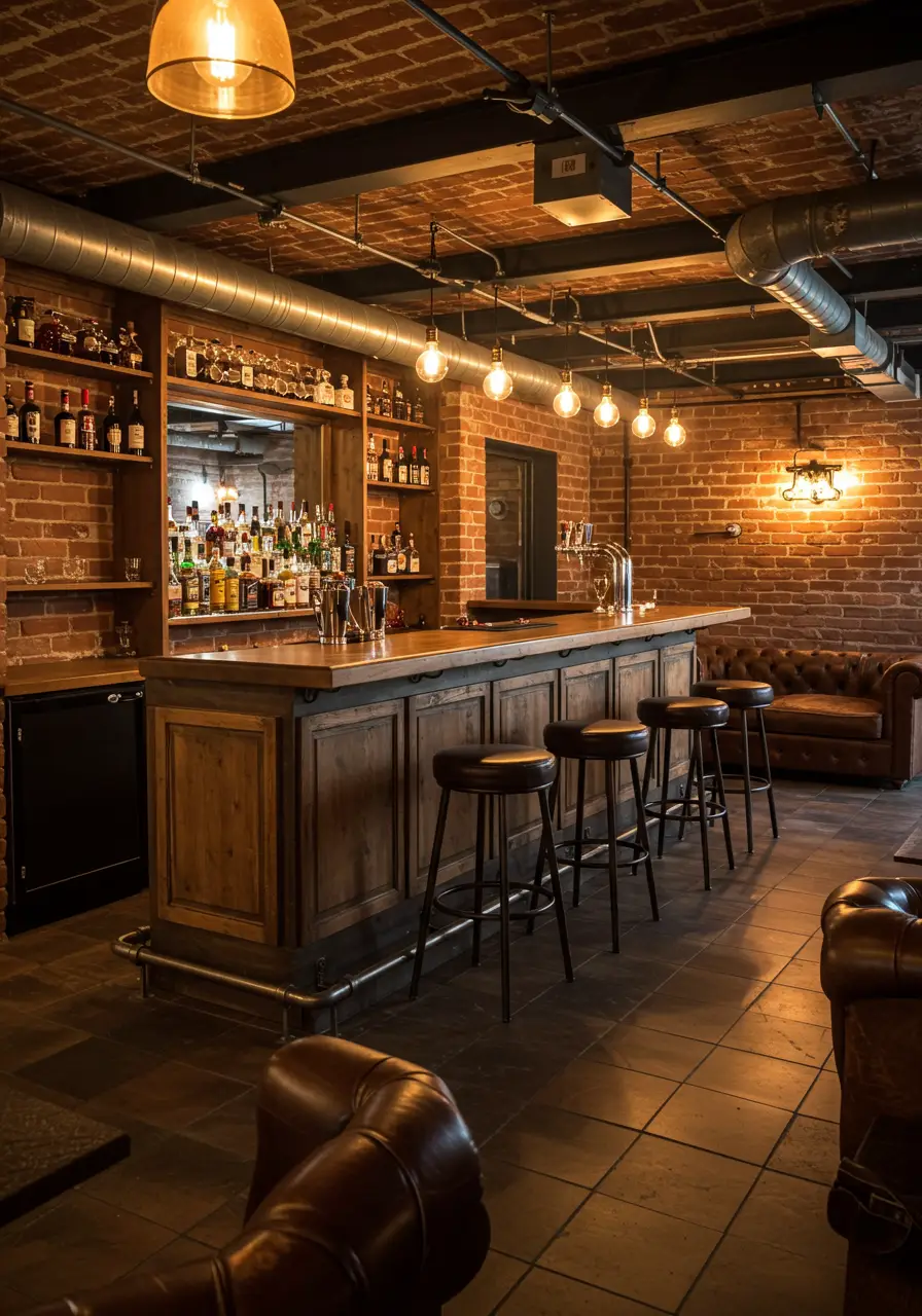 Drawing from the raw authenticity of 1920s prohibition-era establishments, this concept transforms exposed basement elements into design features rather than hiding them.
