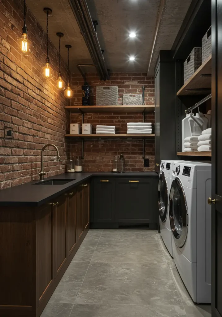 Drawing from converted warehouse lofts, this design transforms your basement laundry into a sophisticated industrial workspace that celebrates raw materials while maintaining supreme functionality.