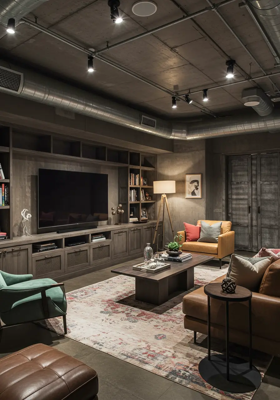 Drawing from converted warehouse aesthetics, this concept celebrates the basement's raw structural elements while creating a sophisticated entertainment space. The design embraces exposed utilities as design features, transforming limitations into focal points.