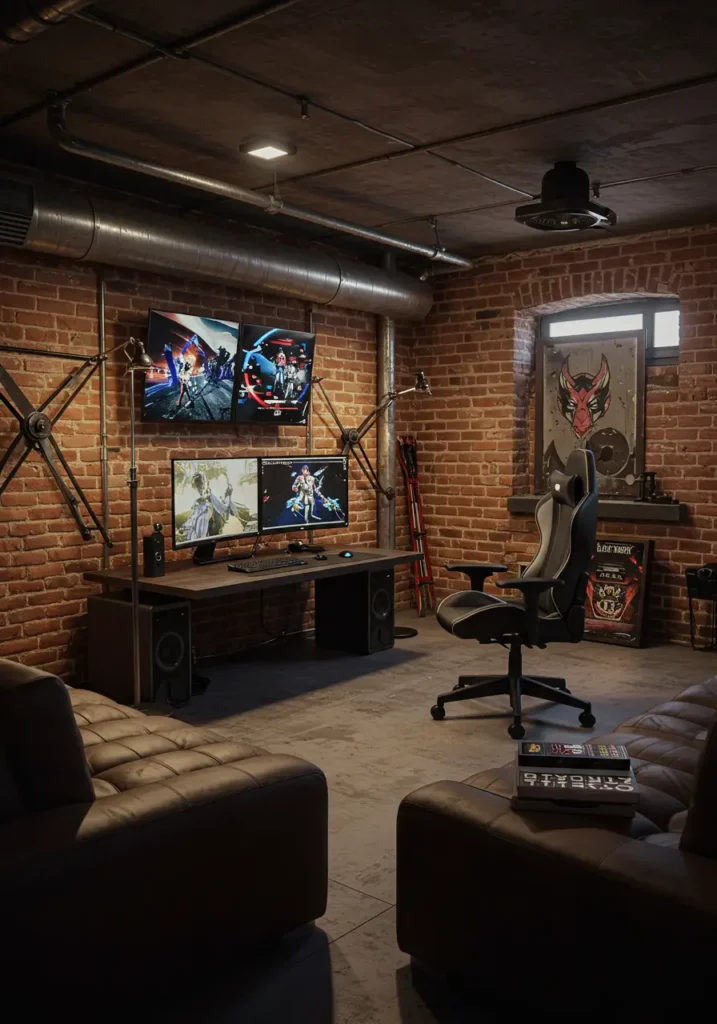 Inspired by converted warehouse spaces and urban lofts, this concept transforms your basement into a sophisticated gaming haven that celebrates raw industrial beauty while providing cutting-edge entertainment functionality.
