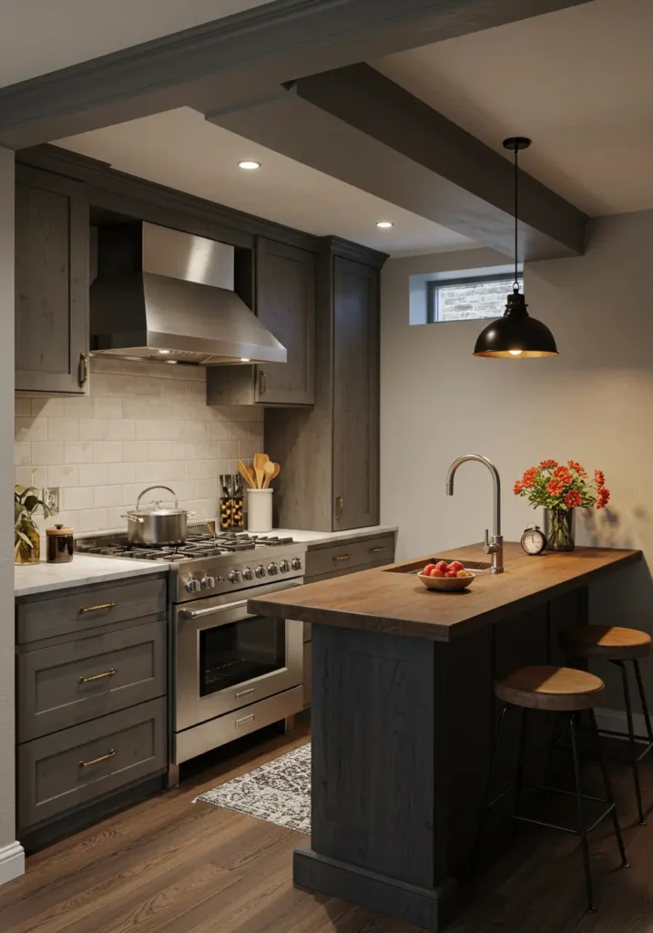 This basement kitchenette transforms industrial elements into luxury statements, perfect for the urban professional who appreciates raw sophistication. Exposed brick walls provide textural warmth while polished concrete floors with radiant heating ensure comfort. The centerpiece features a waterfall-edge quartz island in dramatic charcoal with integrated induction cooktop and hidden storage compartments.