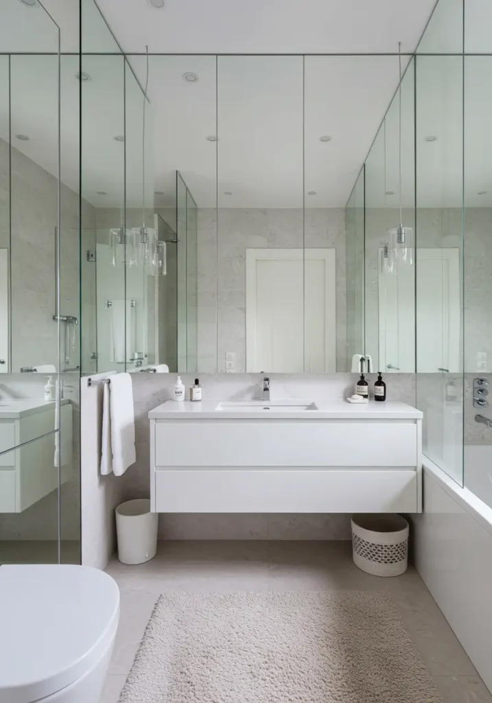 This concept transforms a cramped bathroom into an infinite wonderland using strategic mirror placement and reflective surfaces to create the illusion of boundless space.