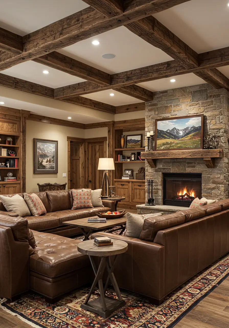 Transform your basement into a rustic mountain lodge where weathered wood beams stretch across the ceiling, creating architectural drama against crisp white drywall. This concept draws inspiration from cozy alpine retreats, bringing the warmth of a mountain cabin into your home's lower level.