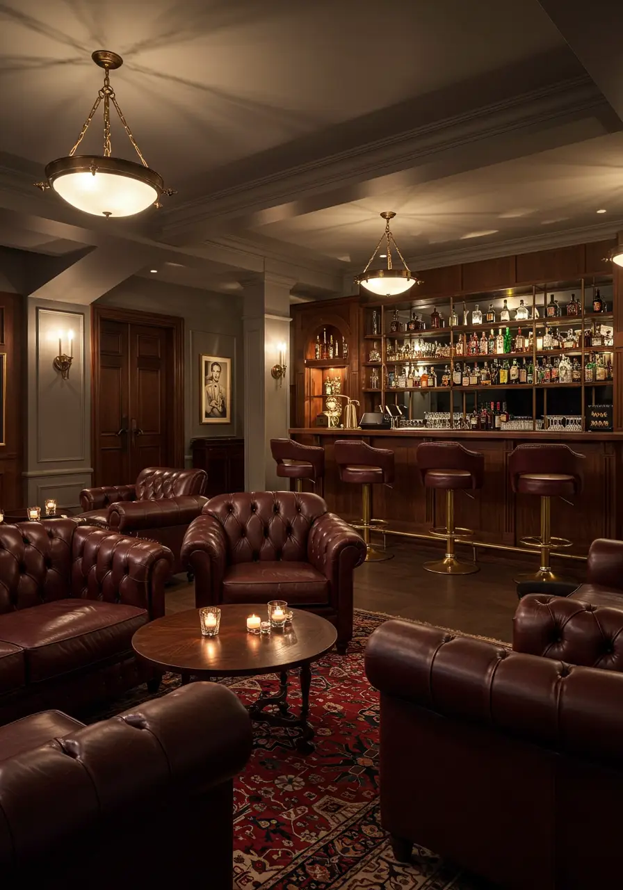 Drawing from the clandestine elegance of 1920s speakeasies, this basement transforms into a sophisticated gentleman's retreat where rich textures and moody lighting create an atmosphere of refined rebellion and timeless luxury.