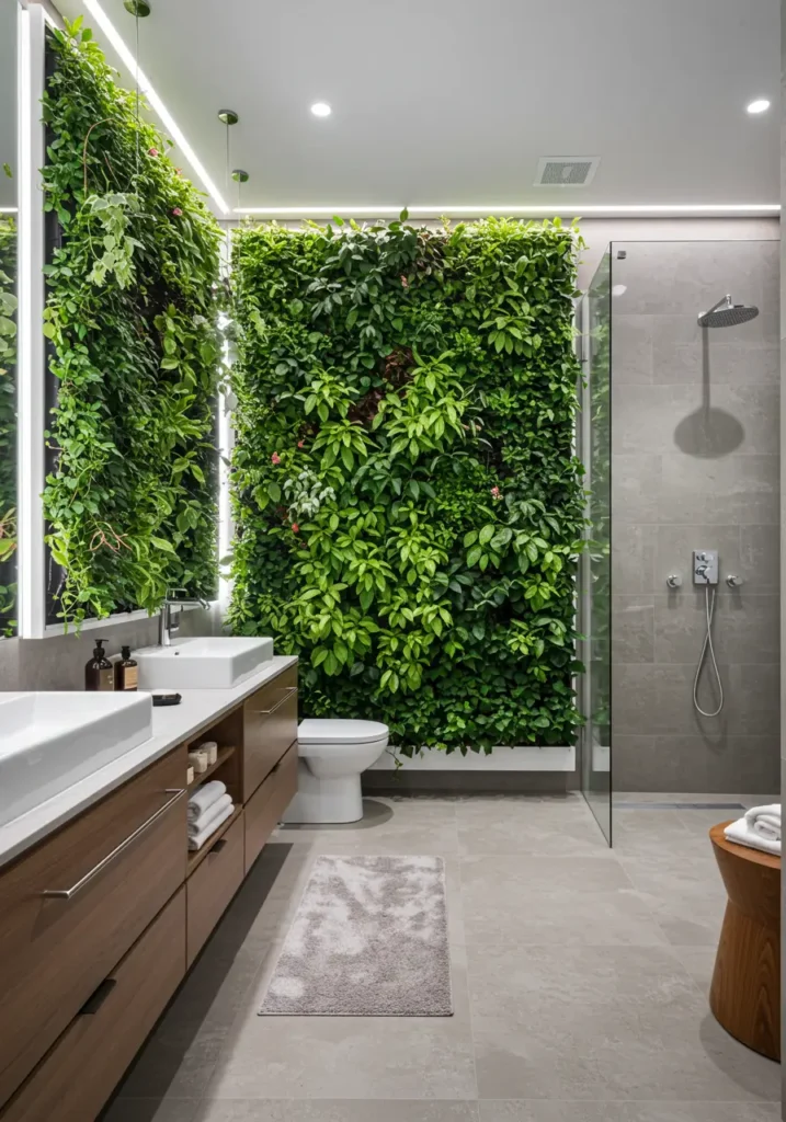 This concept transforms a compact guest bathroom into a living, breathing sanctuary by incorporating a full-height living wall system that serves as both art and natural air purification.