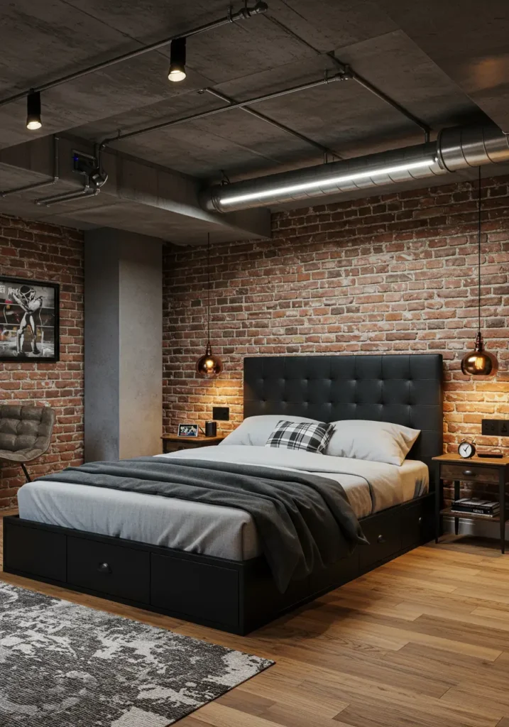 Drawing from converted warehouse lofts in Manhattan, this design transforms a basement into a sophisticated urban retreat that celebrates raw materials while maintaining luxury comfort.