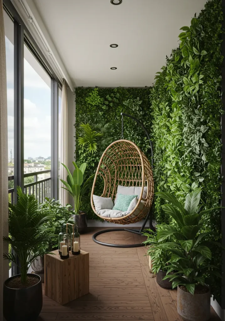 This design transforms a compact balcony into a lush tropical escape, perfect for city dwellers craving nature's embrace. The concept draws from Southeast Asian hanging gardens and modern biophilic design principles.