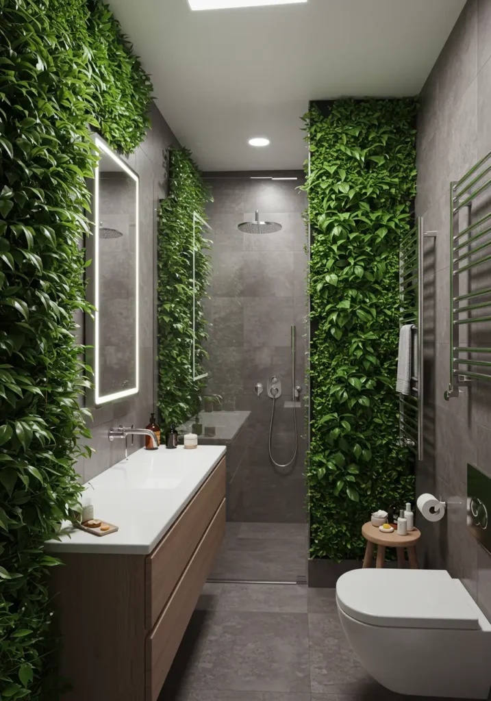 This concept transforms your small bathroom into a living sanctuary by maximizing vertical space with lush greenery, creating an spa-like atmosphere that purifies air while adding natural beauty.