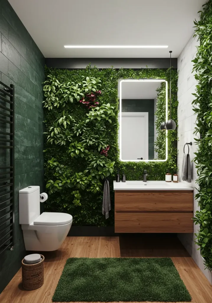 This concept transforms a cramped bathroom into a spa-like sanctuary by embracing biophilic design principles. The idea emerged from reimagining the bathroom as an indoor greenhouse where daily routines become meditative experiences surrounded by nature.