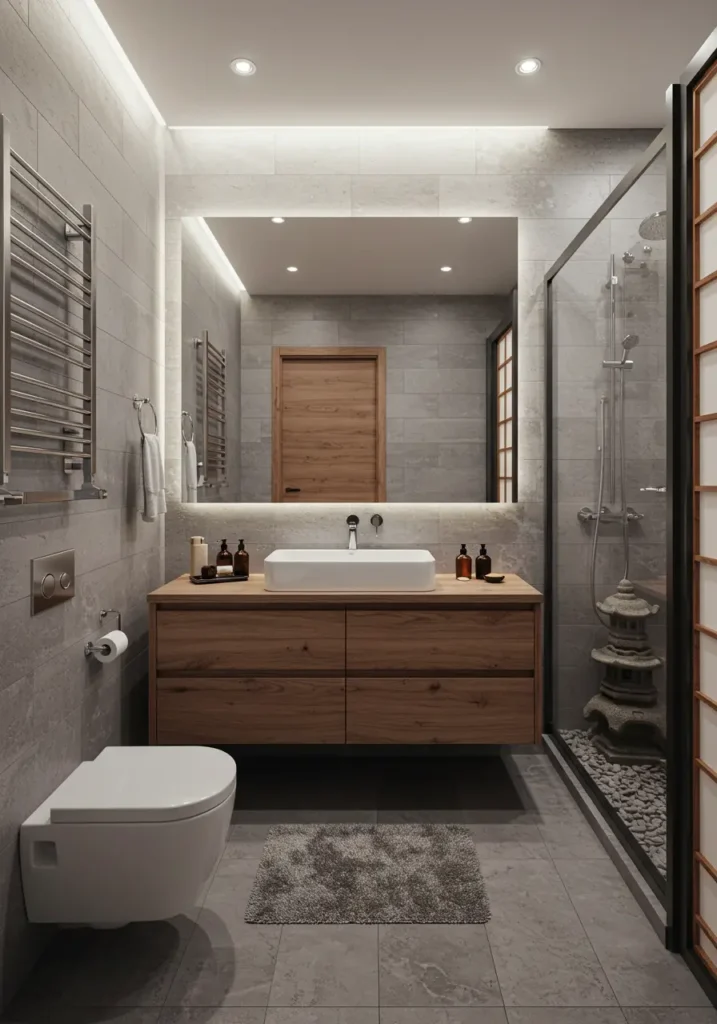 Drawing from traditional Japanese bathhouse culture, this design transforms a compact 5x7 foot bathroom into a serene spa-like retreat that prioritizes mindful simplicity and natural materials.