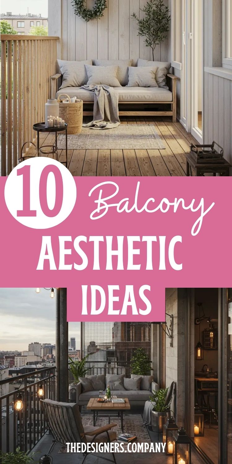 graphic showcasing "10 Balcony Aesthetic Ideas" with pink overlay text. Features two beautiful balcony designs: top image shows Scandinavian-style balcony with light wood decking, built-in bench seating, neutral cushions, woven basket, greenery, and natural wood privacy screen. Bottom image displays modern urban balcony with dark furniture, city skyline view, plants, warm lighting, and contemporary styling. Both emphasize cozy outdoor living spaces with stylish furniture and thoughtful design elements.