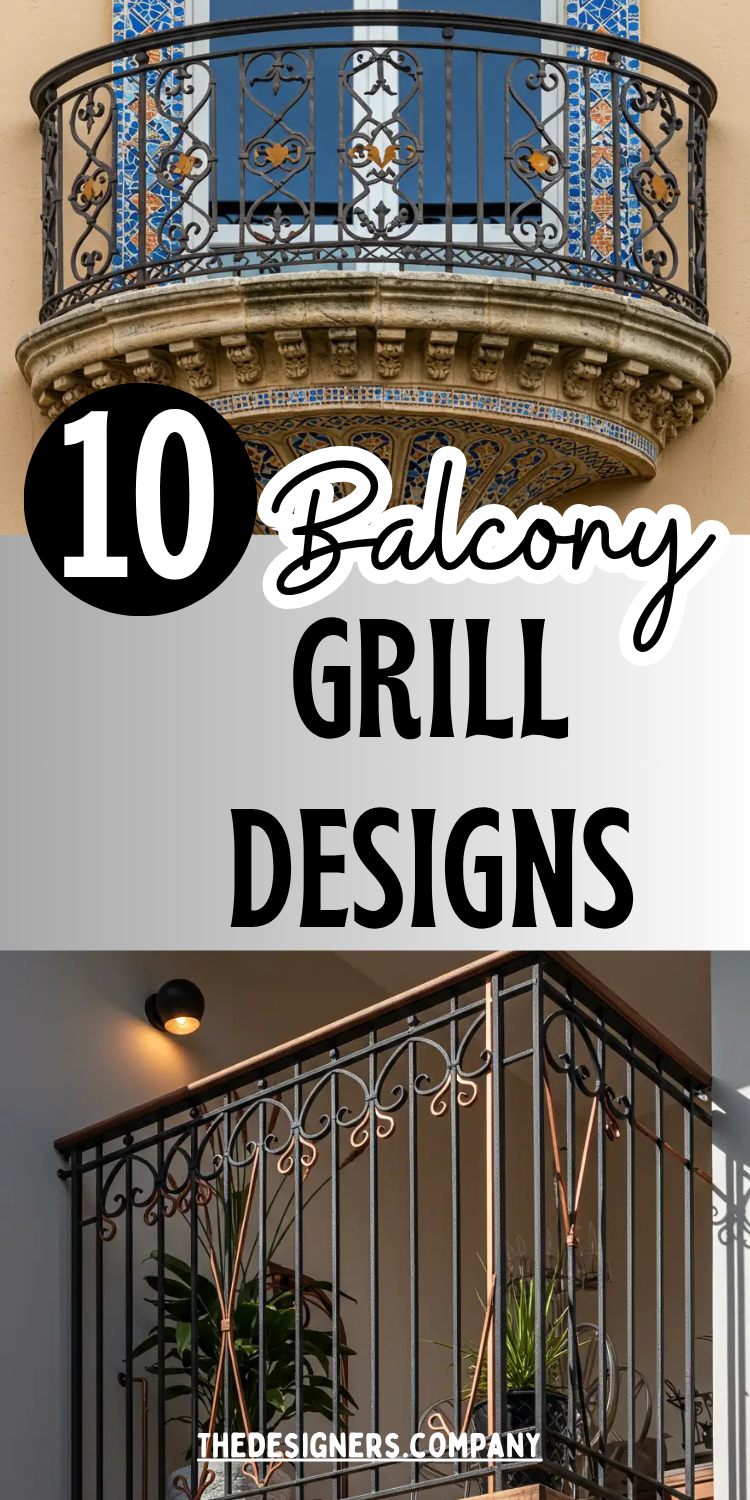 Image shows "10 Balcony Grill Designs" text overlay on two beautiful balcony photos. Top features ornate Mediterranean-style curved balcony with decorative blue mosaic tiles and intricate wrought iron railings. Bottom shows modern indoor balcony with sleek black metal railings and green plants. TheDesigners.Company watermark at bottom. Design emphasizes elegant outdoor living spaces perfect for grilling setups.