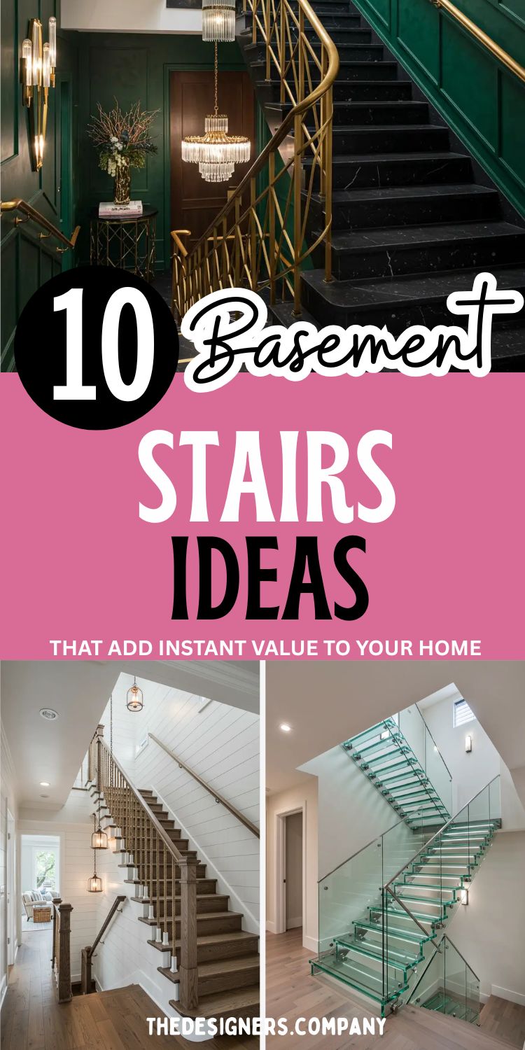 image showing "10 Basement Stairs Ideas That Add Instant Value to Your Home" with three stunning staircase examples. Top image features luxurious Art Deco style with emerald green walls, gold geometric railings, black treads, and crystal chandeliers. Bottom left shows traditional wooden staircase with dark treads and metal spindles. Bottom right displays modern floating glass staircase with transparent treads and minimalist design. Pink and white typography overlay emphasizes home value enhancement through stylish basement stair transformations.
