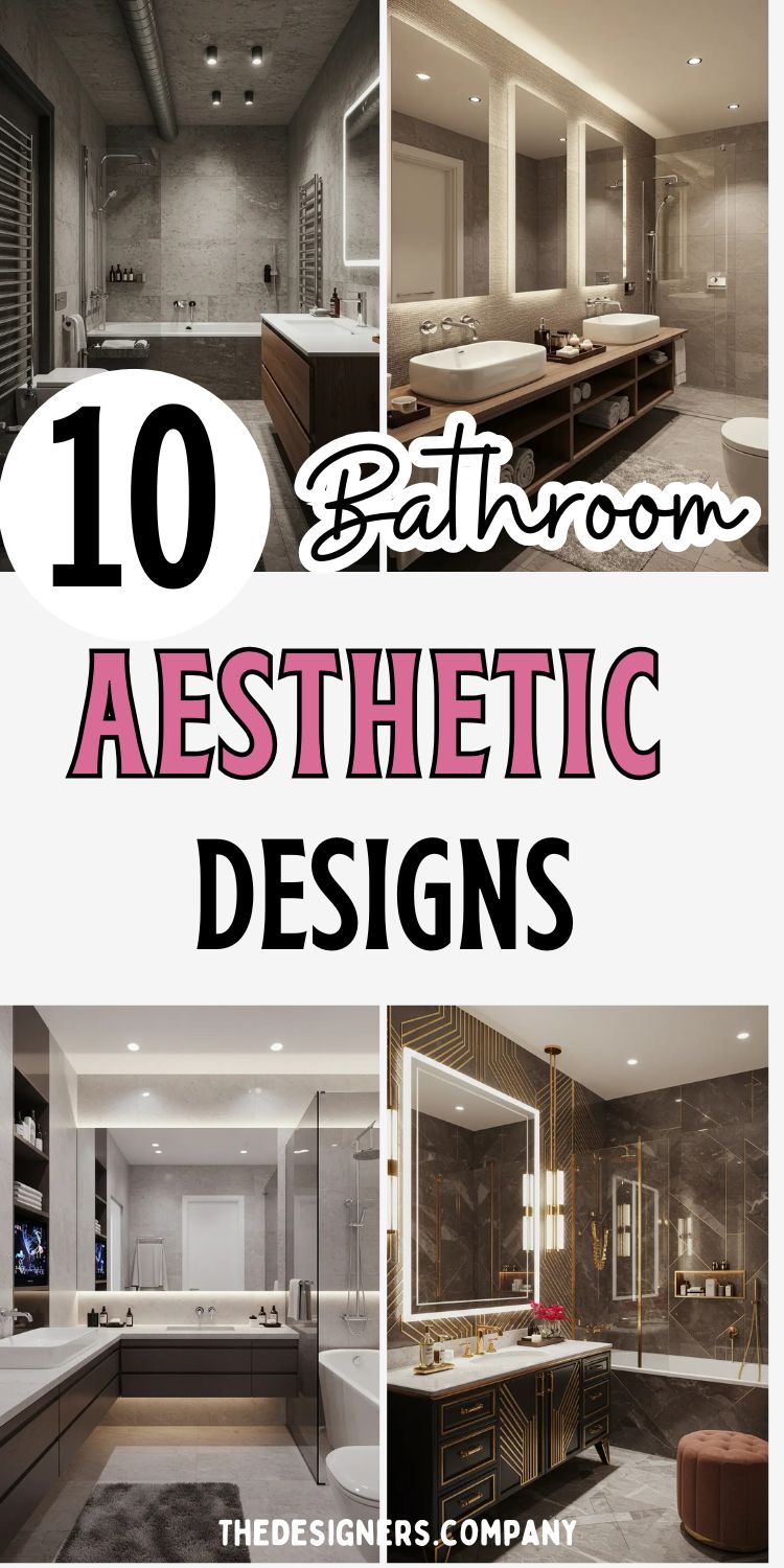 Image showcases a Pinterest collage titled “10 Bathroom Aesthetic Designs.” Top visuals include an industrial concrete-style bathroom with exposed ductwork, and a sleek modern vanity setup with backlit mirrors. Bottom visuals feature a minimalist gray-toned bathroom with built-in storage and a glamorous black and gold Art Deco-inspired design. Text is styled in bold fonts with pink and black lettering. The theme highlights modern luxury, aesthetic decor, and functional bathroom layouts, presented by thedesigners.company.