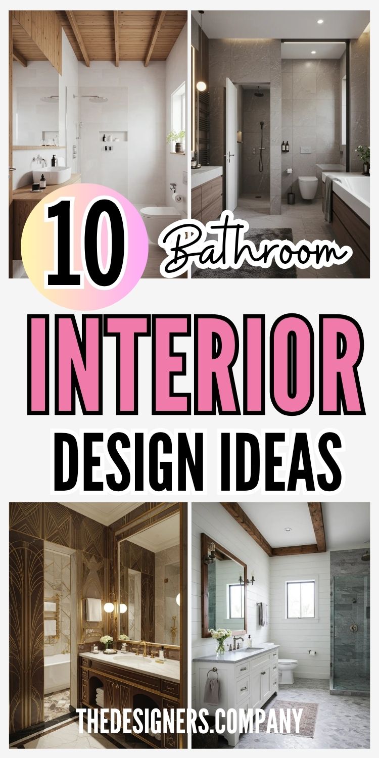 image showcasing "10 Bathroom Interior Design Ideas" in bold pastel and black text. The collage features four bathroom styles, including minimalist with wood accents, modern with neutral tones, luxurious Art Deco with gold detailing, and rustic farmhouse with white paneling and wood beams. The overall theme highlights a variety of elegant and stylish bathroom transformations. Branding reads “thedesigners.company” at the bottom.