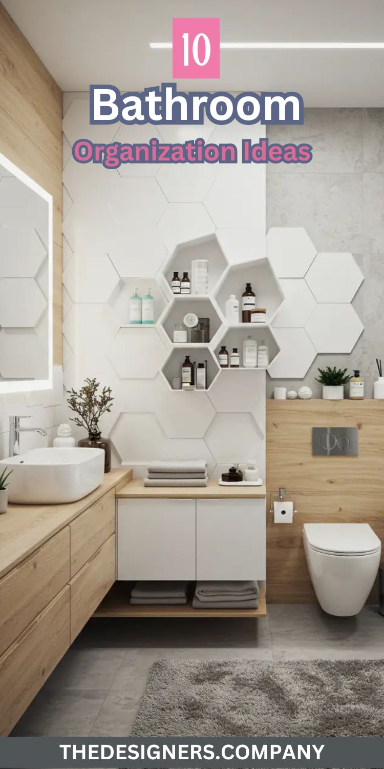 Image showcases a modern bathroom with a clean, minimalist design. Text on image reads "10 Bathroom Organization Ideas." Features include white hexagonal wall tiles with built-in open shelving for toiletries, a sleek floating vanity with wooden accents, neutral-colored towels, and well-organized spa-style decor. The theme highlights functional elegance and smart storage solutions perfect for small bathroom makeovers.