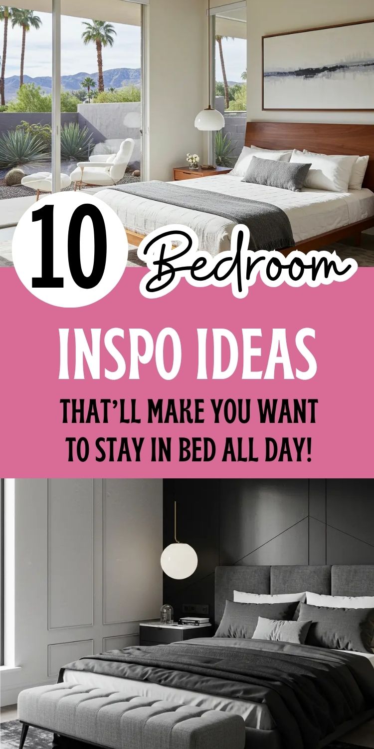 Image features two stylish bedroom ideas showcasing a blend of minimalist and luxurious design. On the left, a bright, airy bedroom with a modern bed frame, natural wood accents, and large windows offering scenic views. On the right, a sleek, dark-toned bedroom with a contemporary bed, cozy gray linens, and a bold pendant light. The text "10 Bedroom Inspo Ideas That’ll Make You Want to Stay in Bed All Day!" is displayed in bold, playful font, highlighting the theme of ultimate comfort and relaxation.