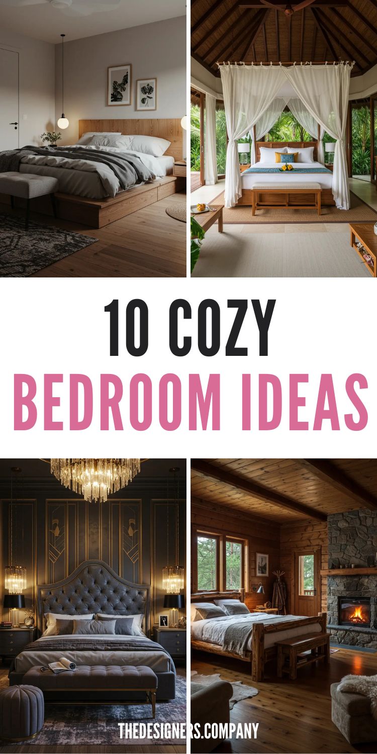 Four cozy bedroom design ideas displayed in grid format. Top left shows minimalist Scandinavian style with wood platform bed, neutral linens, pendant lighting. Top right features tropical canopy bed with white curtains, bamboo ceiling, lush greenery. Bottom left displays luxurious Art Deco bedroom with navy tufted headboard, gold accents, crystal chandelier. Bottom right shows rustic log cabin bedroom with stone fireplace, wooden beams, plaid bedding. Bold text reads "10 COZY BEDROOM IDEAS" in black and pink fonts.RetryClaude can make mistakes. Please double-check responses.