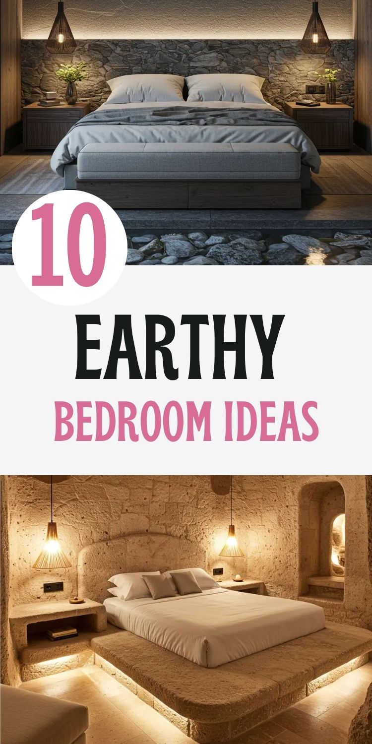 Image showcases "10 Earthy Bedroom Ideas" with two stunning examples: top bedroom features dramatic stone accent wall, wooden ceiling beams, pendant lighting, and blue bedding; bottom bedroom displays cave-like carved stone architecture with warm lighting and neutral tones. Both emphasize natural materials, organic textures, and earth-inspired design elements perfect for creating serene, grounding bedroom spaces.