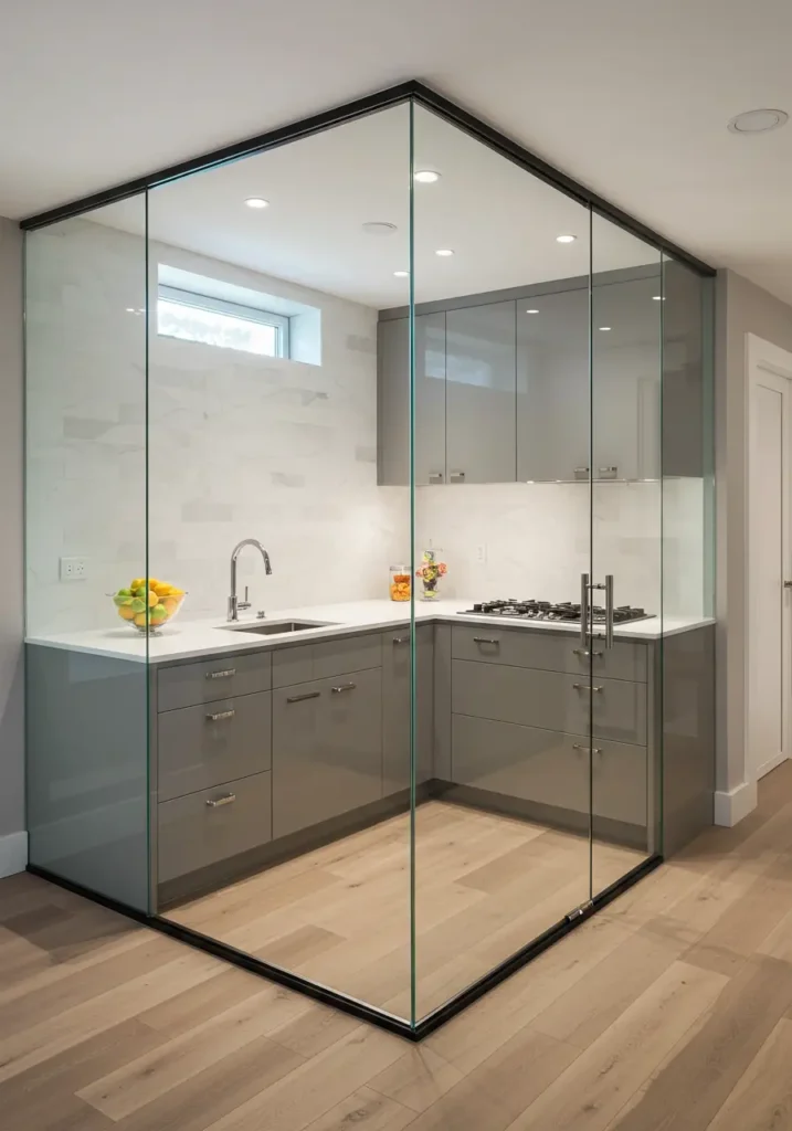 Defying traditional basement design, this kitchenette uses glass, steel, and light to create an impossibly modern space. Floor-to-ceiling glass panels and reflective surfaces make the compact area feel expansive while state-of-the-art appliances integrated into minimalist cabinetry showcase technological sophistication. Perfect for the tech-savvy homeowner who values cutting-edge design.