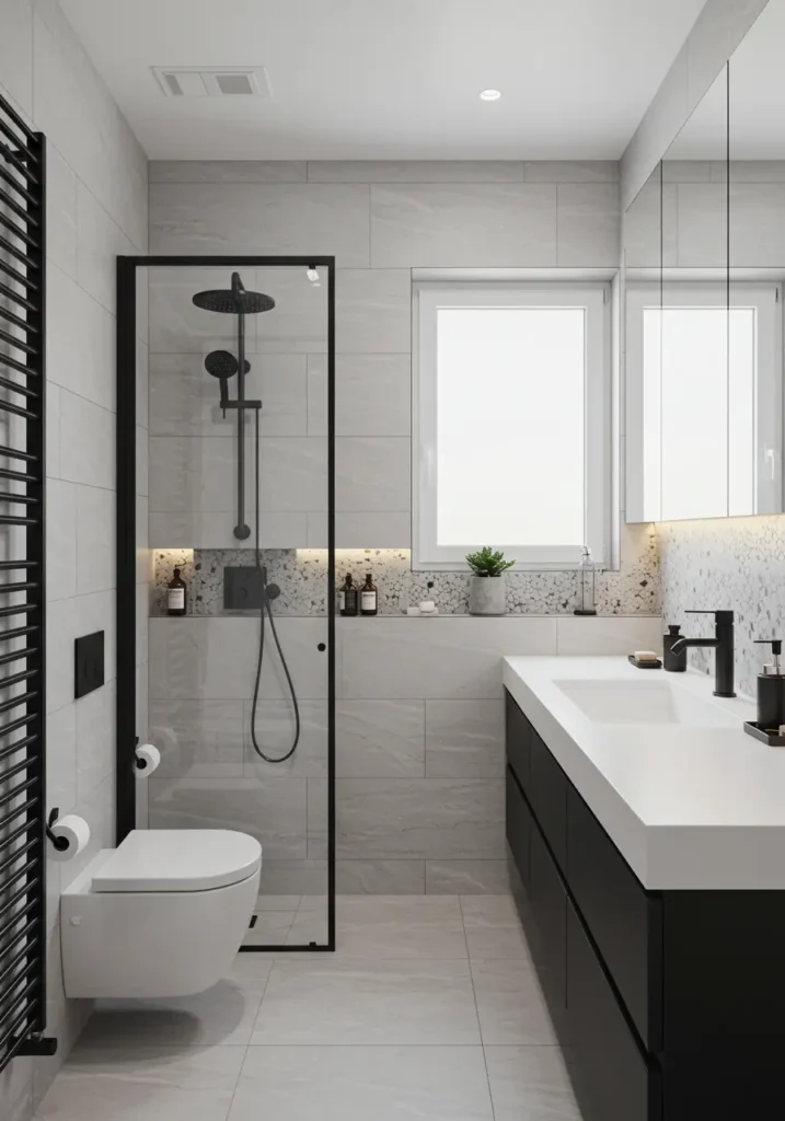 Embracing the "less is more" philosophy, this design creates a serene, uncluttered bathroom that maximizes both visual space and functional storage through intelligent design and premium materials.