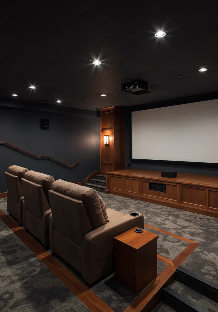 Creating the ultimate movie-watching experience, this concept transforms your basement into a professional-grade cinema with luxurious seating, superior acoustics, and immersive technology.