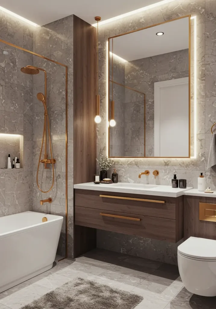 This concept transforms small spaces into luxurious jewel boxes through rich colors, premium materials, and strategic lighting that creates intimate grandeur.