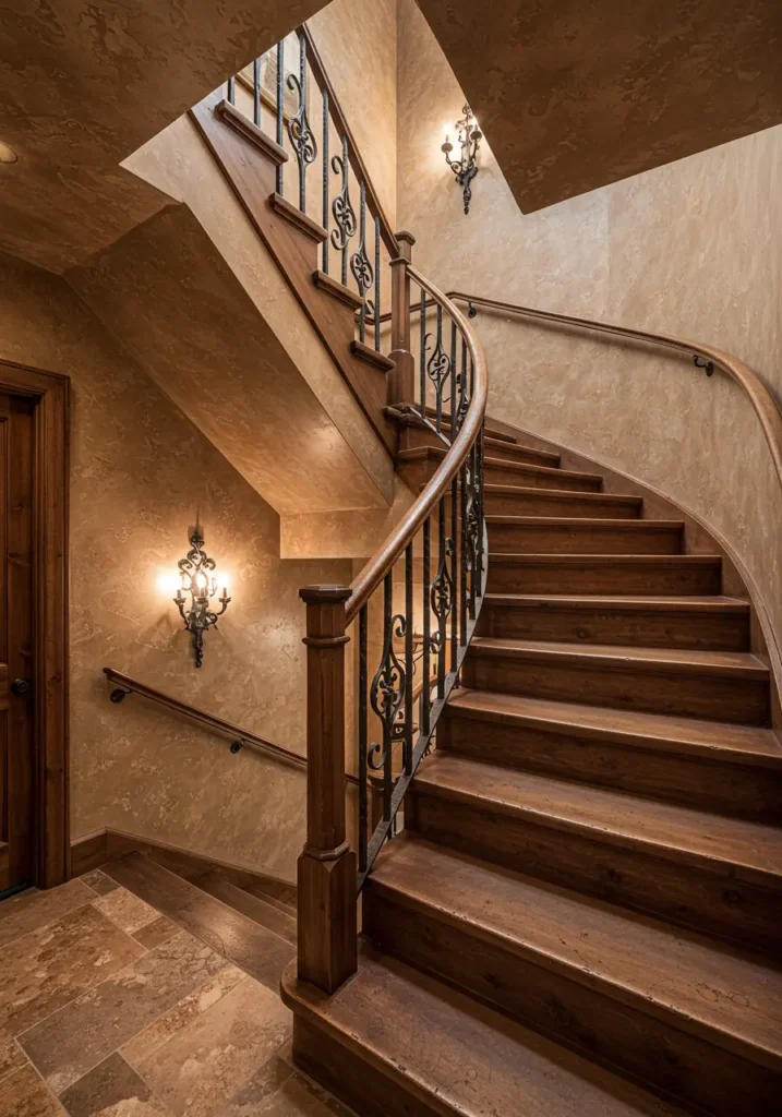 Inspired by Tuscan villas and Mediterranean coastal homes, this concept brings warm earth tones, textured surfaces, and natural materials to create a stairwell that feels like a passage through a sun-drenched Italian countryside home.