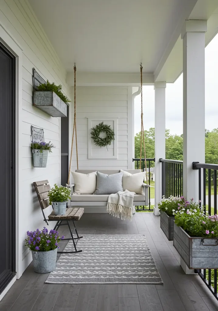 Blending rural charm with contemporary comfort, this design captures the essence of farmhouse living adapted for urban apartment balconies.