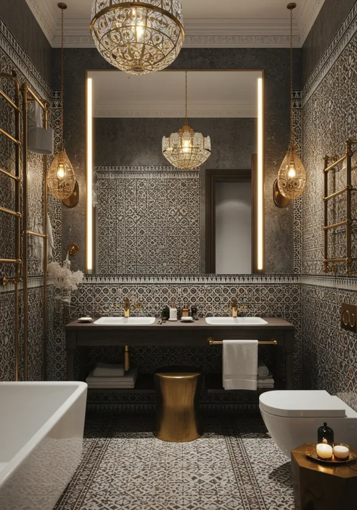 Drawing from Moroccan riads and Islamic geometric patterns, this bathroom celebrates intricate craftsmanship and exotic luxury. The design transports guests to a palatial hammam experience.
