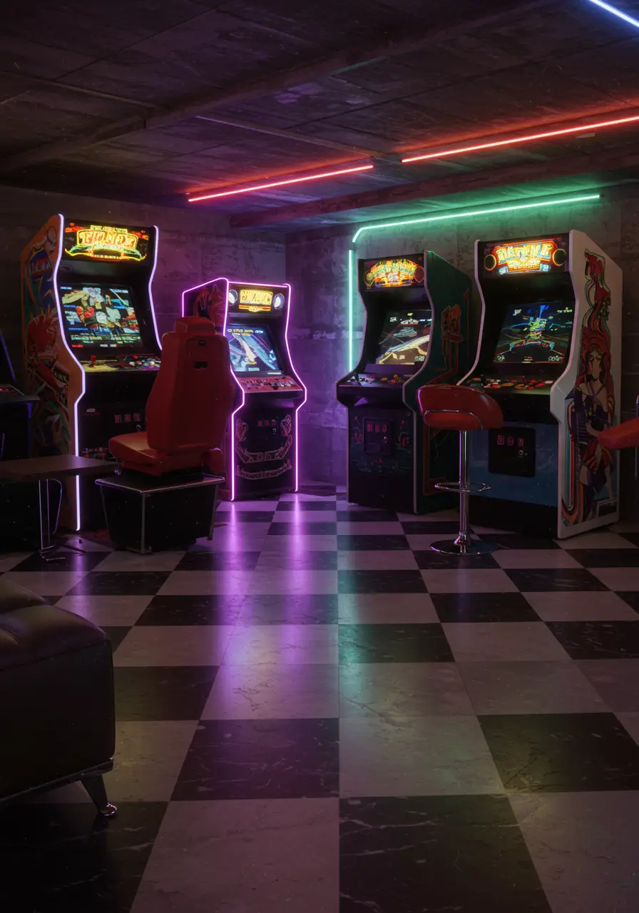 Celebrating gaming culture and nostalgia, this concept creates the ultimate retro gaming experience with authentic arcade machines, vintage consoles, and neon lighting that captures the excitement of classic arcades.